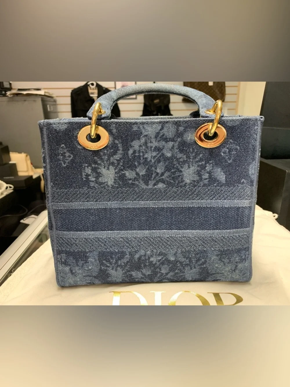 Christian Dior Lady D-Lite Floral Medium Blue Denim Bag